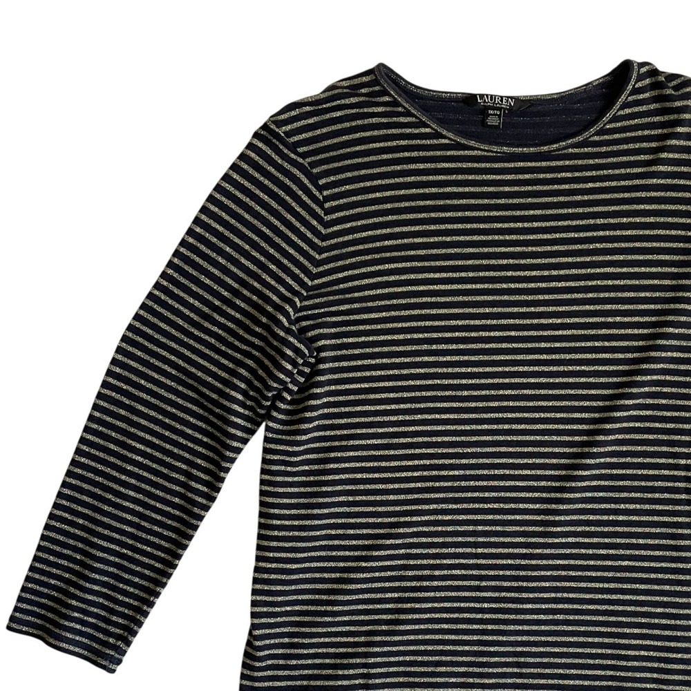 Lauren Ralph Lauren Top 1X Navy Blue Gold Metallic Stripe Long Sleeve